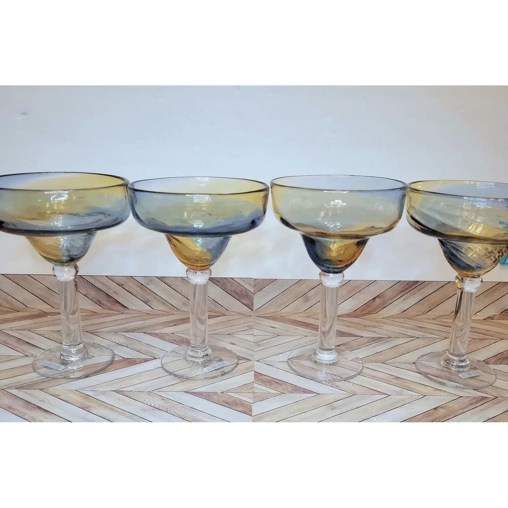 VTG Pier 1 Margarita Glasses Set Of 4 Ombré Amber Blue Swirl Barware Mouth Blown